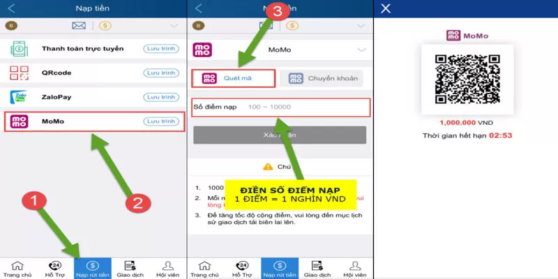 S&acirc;n chơi hỗ trợ đa dạng c&aacute;c loại h&igrave;nh nạp - r&uacute;t kh&aacute;c nhau